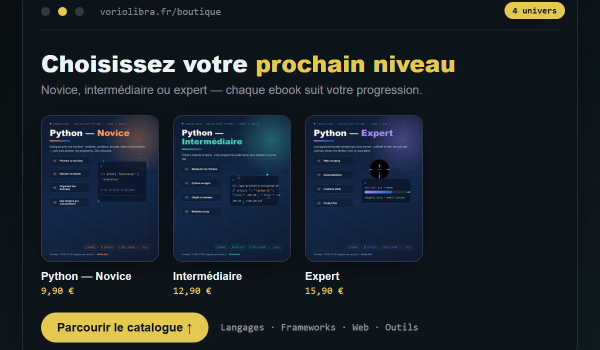 Parcours du catalogue VorioLibra avec les ebooks Python du novice à l'expert